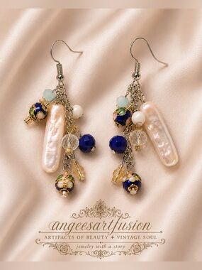 Freshwater Pearl & Cloisonné Dangle Earrings